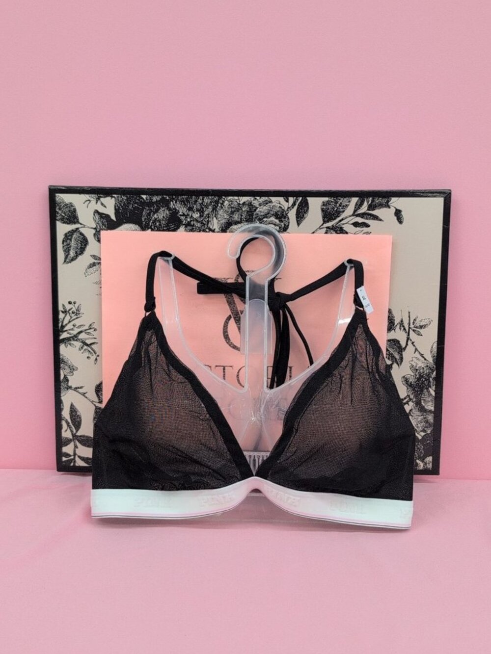 Victoria Secret Pink Logo Mesh Halter Triangle Unlined Bralette Bra XL Black